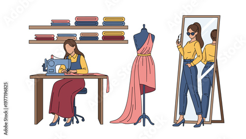 Fashion designer works on a sewing machine and examines a dress on a mannequin while a model looks in a full length mirror.