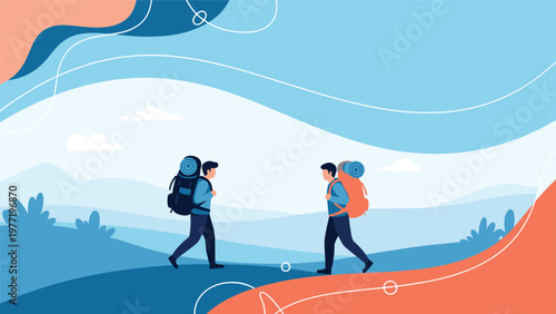 Two hikers with large backpacks walking through a scenic mountain landscape under a bright and clear blue sky.