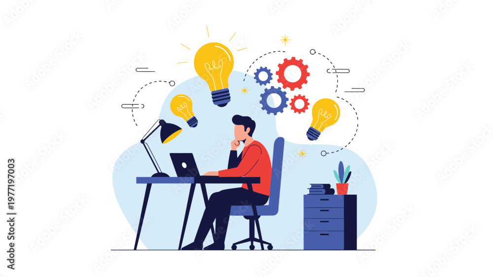 Naklejka premium Creative professional working at a desk on a laptop while multiple lightbulbs and gears represent brainstorming and problem solving.