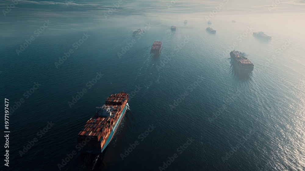 Fototapeta premium Cargo ships navigating through the open sea. Transporting goods for global trade and demonstrating efficient logistics within the worldwide supply chain. With faint mist obscuring the distant horizon