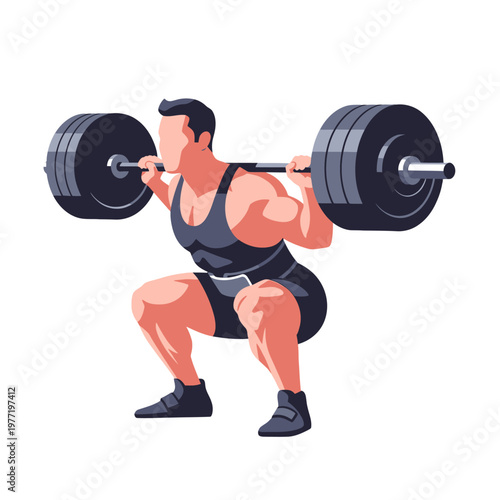 Man Performing Barbell Squat Exercise for Strength Training and Muscle Building