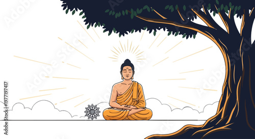 Buddha Meditation Under Bodhi Tree Enlightenment Vector