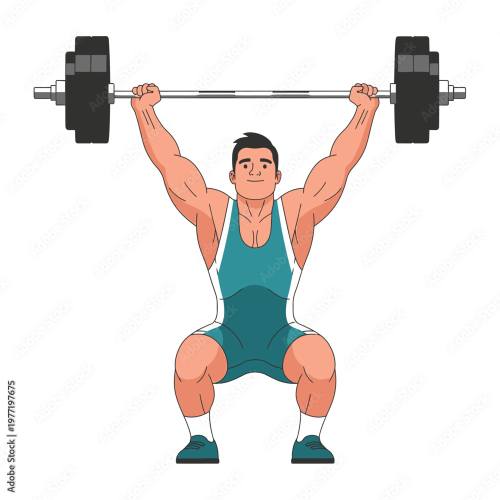 Naklejka premium Muscular Man Lifting Heavy Barbell Overhead in Weightlifting Pose