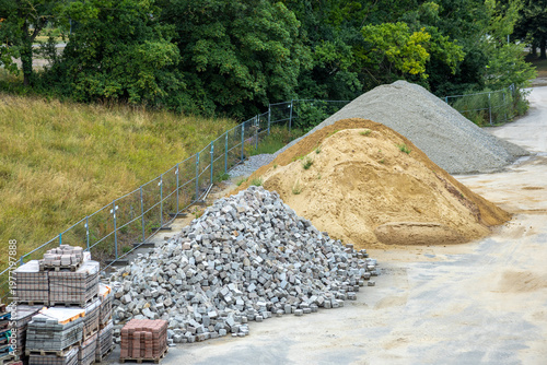 Canvastavla Industrial Construction Material Storage Yard With Sand Gravel Cobblestone And P