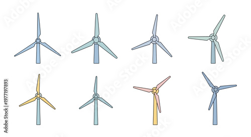 Illustration of colorful wind turbines showcasing sustainable energy resources and green technology