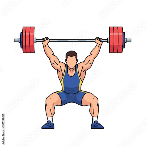 Weightlifter performing a clean and jerk, lifting heavy barbell overhead with muscular strength