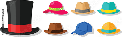 Colorful Hat Collection Vector Icon Set Featuring Top Hat, Fedora, Panama, Baseball Cap, and Sun Hats for Fashion Design, Apparel Retail, and Headwear Accessories