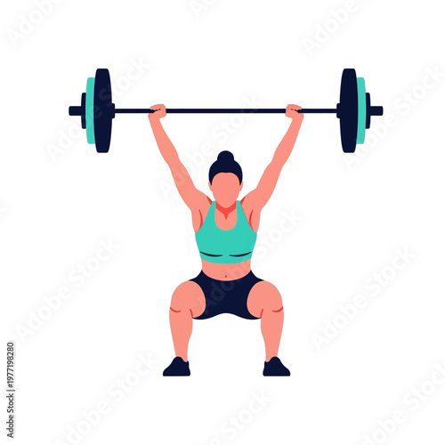 Woman lifting heavy barbell overhead during weightlifting squat exercise