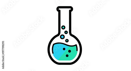 Illustrated chemical flask with colorful liquids and bubbles on a white background