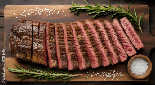 Sliced cooked beef steak arranged on a wooden board with fresh rosemary and sea salt crystals