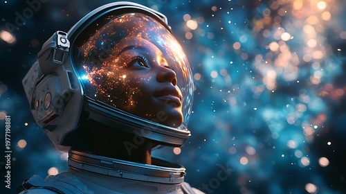 Close up of a female astronaut with reflective helmet gazing upwards into a galaxy of stars and bokeh