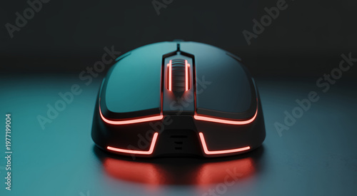 A black gaming computer mouse with glowing red led light accents on a dark surface background