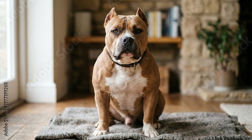 A brown and white pit bull sits on a gray rug in a cozy living room with a stone fireplace and wooden floor looking directly at the camera.