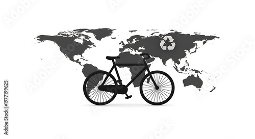 Isolated bicycle on a pixelated world map with a recycling symbol, representing global eco-friendly transportation and sustainability concepts.