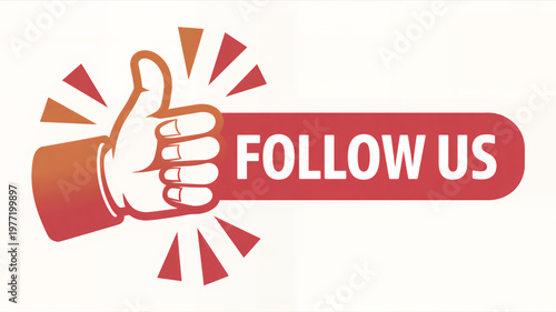 Follow us social media button with a thumbs up hand on a red background, for digital marketing
