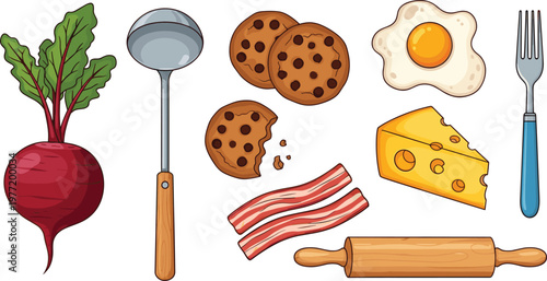 Fresh Food and Kitchen Tool Vector Set Featuring Beetroot, Chocolate Chip Cookies, Fried Egg, Cheese, Bacon, Ladle, and Rolling Pin for Culinary Designs