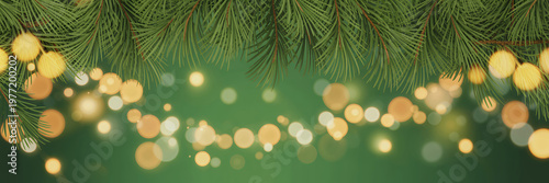Green pine tree branches with blurred golden christmas fairy lights against a dark green background