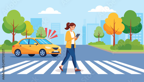 Woman Using Smartphone on a Crosswalk, Do not use the cell phone while crossing pedestrian, Stay safe, Eyes on the Road, safety awareness in car vehicle accident, traffic rules, Flat design comic
