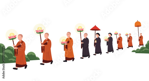 Buddhist Monks Procession with Lotus Lanterns Vector Illustration
