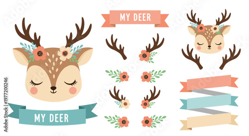 Charming collection of deer character elements includes cute fawns with floral crowns, antlers, and decorative ribbon banners.