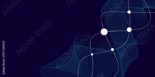 Digital technology futuristic internet network connection dark black background. A graphical abstract background of simulated dan with flowing lines and glowing dots. 