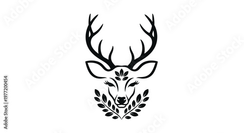 Elegant black silhouette of a deer head features large antlers, decorative leaf patterns on the forehead, and a laurel wreath below.