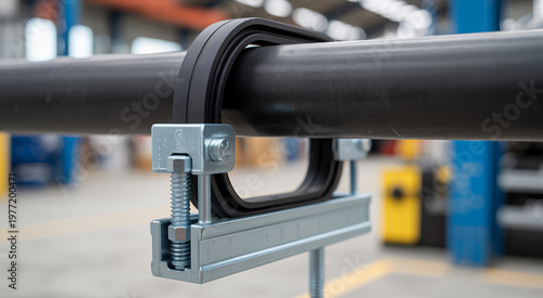 Heavy duty rectangular pipe clamp with rubber insert and adjustable threaded bolt for mounting