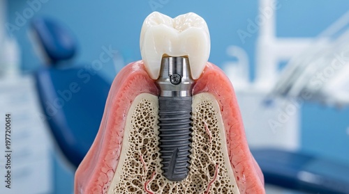 Macro cross-section model of a titanium dental implant screw seamlessly integrated into healthy pink gums supporting a white ceramic tooth.