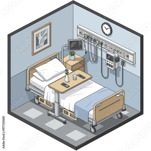 Isometric view of a hospital room with a patient bed and medical equipment.