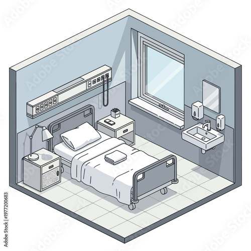 Isometric Hospital Room with Medical Bed and Equipment.