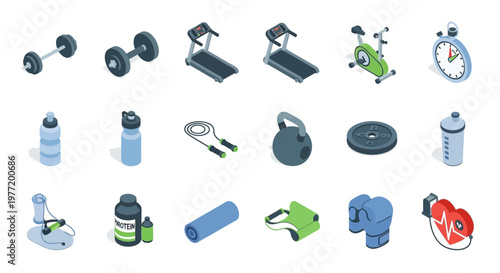 Isometric fitness equipment and exercise items illustration on a white background