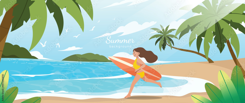 Naklejka premium Summer beach background vector with woman carrying surfboard on tropical seashore. Sunny ocean landscape with palm trees, blue water, sandy coast and vacation travel illustration.