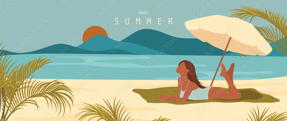 Naklejka premium Summer beach background vector with woman relaxing under umbrella on tropical seaside. Sunny coastal landscape illustration with blue sea, island mountains, palm leaves and vacation scene.