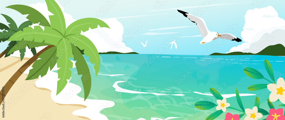 Fototapeta premium Summer tropical beach background vector with palm trees, flying seagull, turquoise sea and plumeria flowers. Sunny coastal landscape illustration for travel posters, banners and seasonal design.