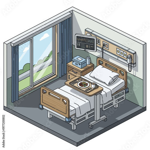 Hospital Room Interior with Medical Bed and Equipment.