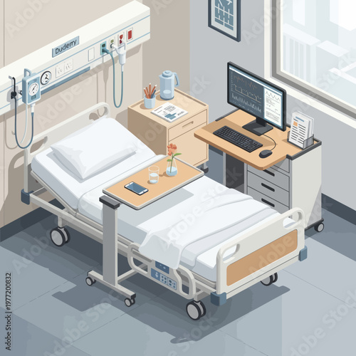 Modern Hospital Room with Medical Equipment and Patient Bed.