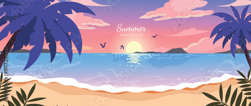 Summer beach sunset background vector with tropical palm trees, ocean waves and sandy shore. Colorful seaside landscape illustration for travel poster, banner and seasonal design.