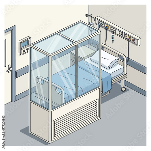 Hospital isolation chamber with bed and medical equipment.
