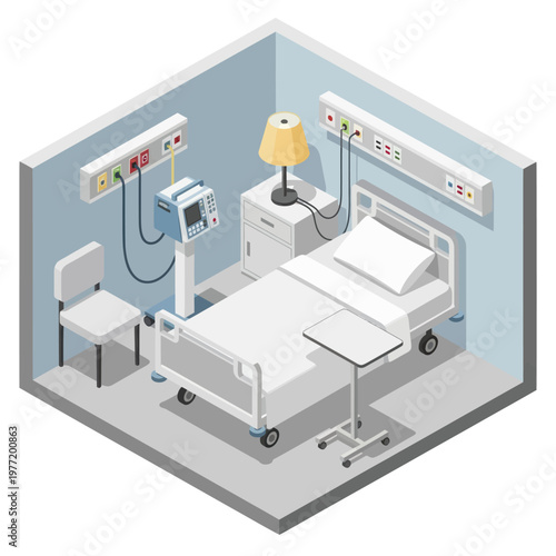 Hospital Room Interior With Medical Equipment And Bed.