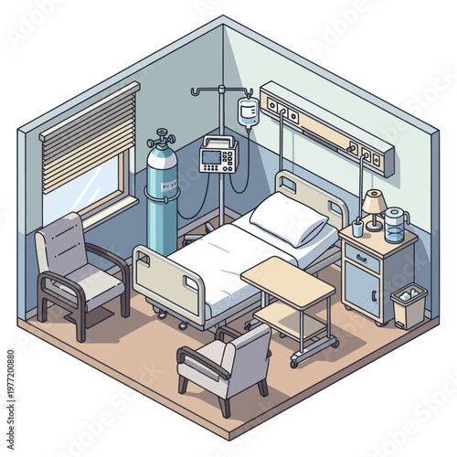 Hospital Room Interior Isometric View with Medical Equipment.