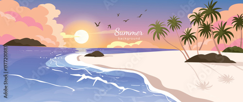 Summer beach sunset background vector with tropical palm trees, ocean waves and sandy shore. Colorful seaside landscape illustration for travel poster, banner and seasonal design.