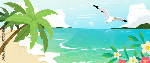 Summer tropical beach background vector with palm trees, flying seagull, turquoise sea and plumeria flowers. Sunny coastal landscape illustration for travel posters, banners and seasonal design.