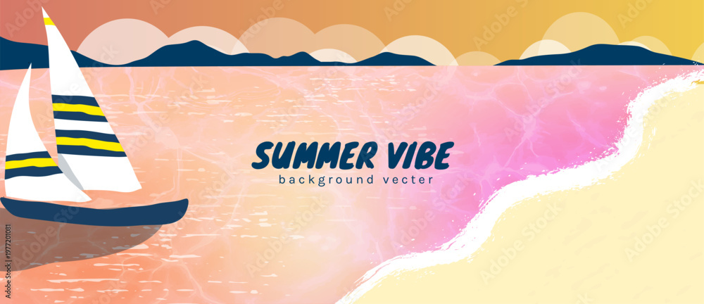 Naklejka premium Summer beach background vector with sailboat on pink ocean and sandy shore. Colorful tropical seaside sunset illustration for travel posters, banners and seasonal vacation design.