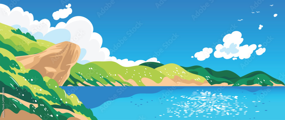Fototapeta premium Summer coastal landscape vector with blue sea, green hills, rocky cliff and bright sky. Scenic nature background illustration for travel posters, banners and seasonal design.