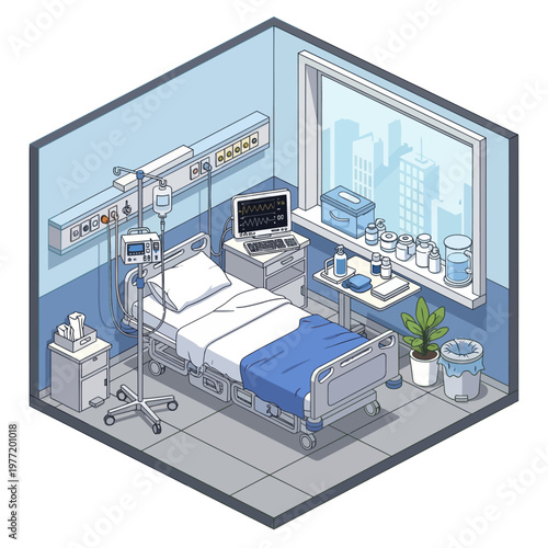 Hospital Room Interior with Medical Equipment and Bed.