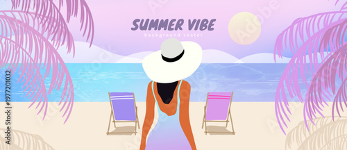 Summer beach background vector with woman in sun hat, deck chairs and pastel tropical seaside view. Colorful vacation illustration with ocean, palm leaves and sunset relaxation scene.