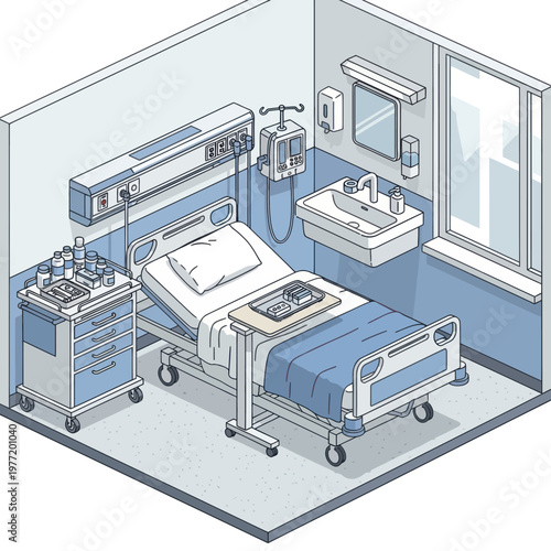 Hospital Room Interior with Medical Equipment and Bed.