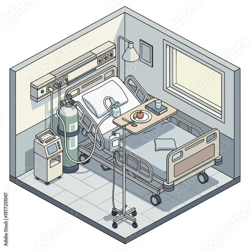 Hospital Room Interior With Medical Equipment And Bed.