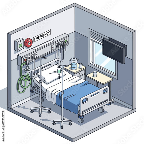 Hospital Room Interior with Medical Equipment and Bed.