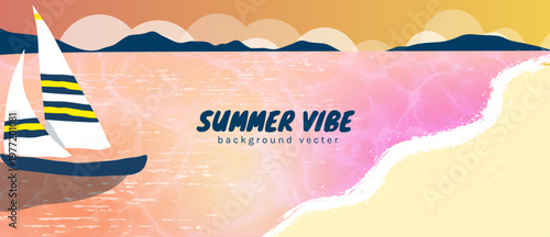 Summer beach background vector with sailboat on pink ocean and sandy shore. Colorful tropical seaside sunset illustration for travel posters, banners and seasonal vacation design.
